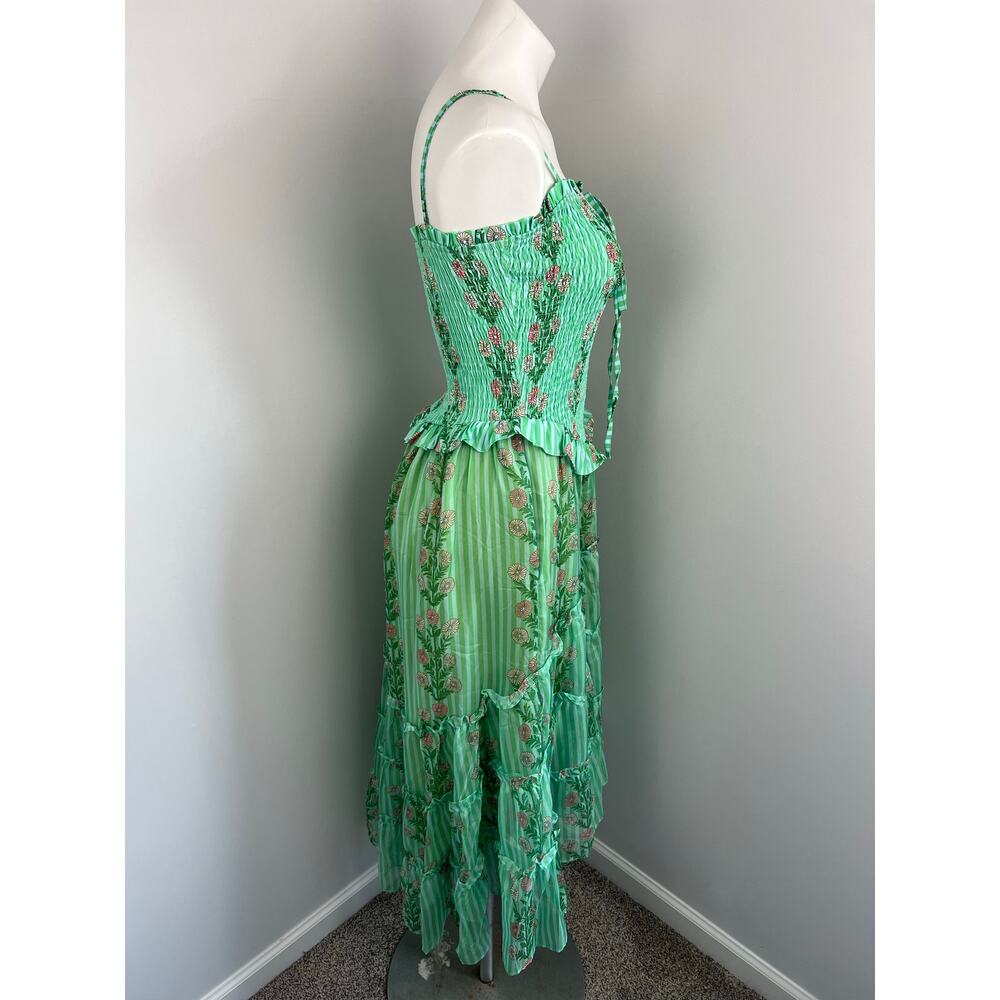 Women's Green Sheer Floral Ruched Tiered Ruffle Garden Party Whimsical Dress - Picture 3 of 6